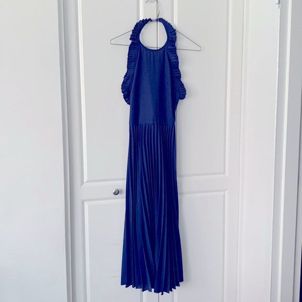 Blue ASOS Ruffle Neck Pleated Skirt Midi Dress Size 4 Wedding Guest Dress
